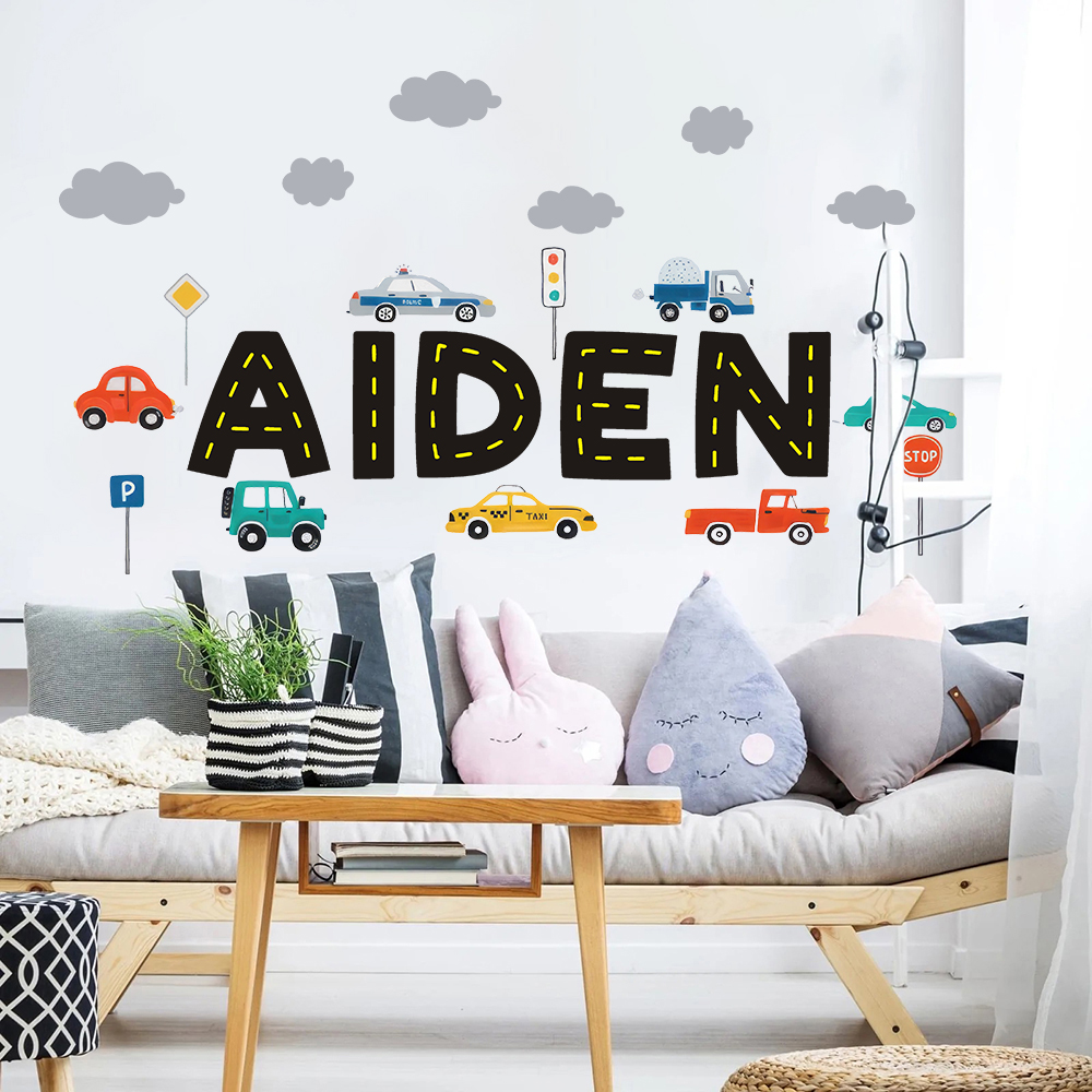 Baby Nursery Decals - Custom Name Construction Vehicles Truck Wall
