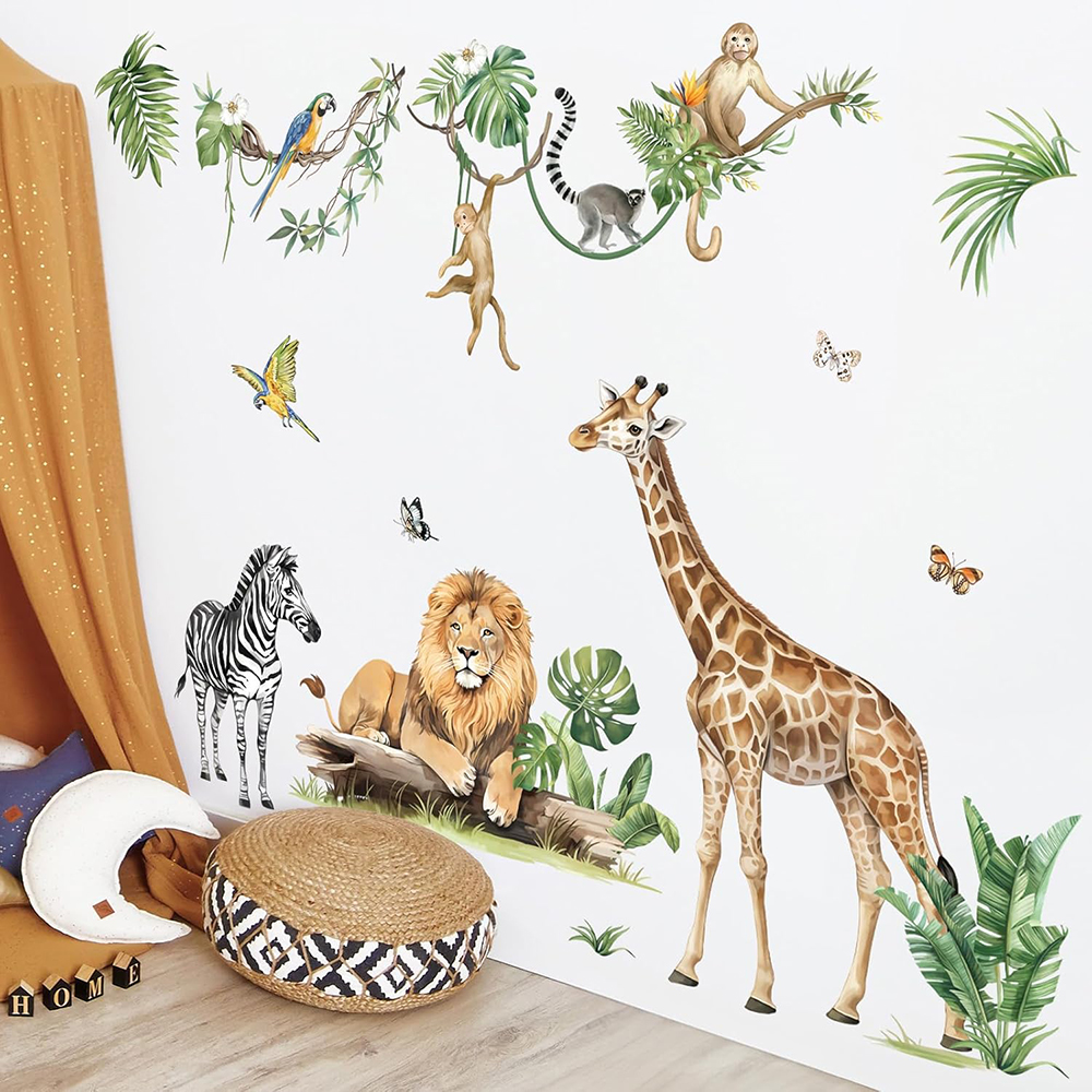 Baby Nursery Wall Decals - Large Jungle Animal Tropical Leaves Wall