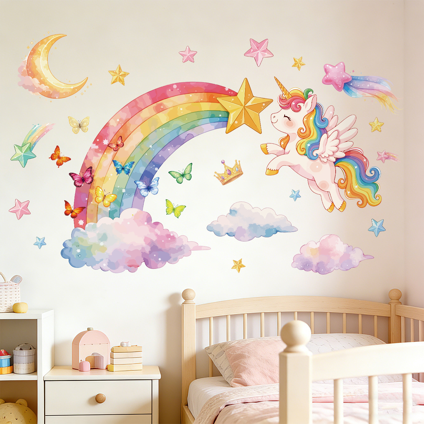 Baby Nursery Decals - Unicorn Rainbow Butterfly Wall Stickers For