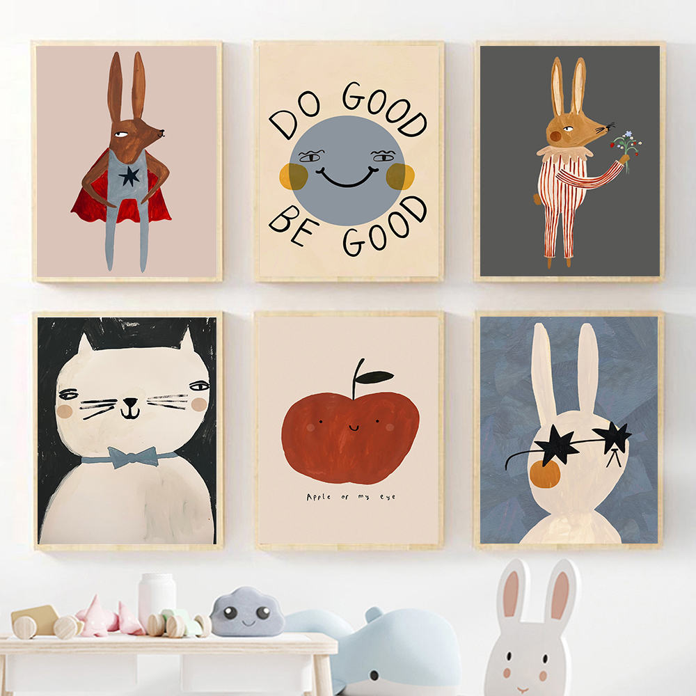 Baby Nursery Quotes Wall Art - 1PC Frameless Funny Cartoon Rabbit Bear