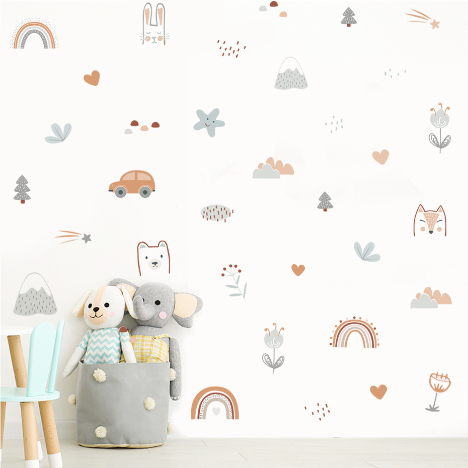 Baby Nursery Wall Decals - Cartoon Rainbow Animals Faces Star Watercolor