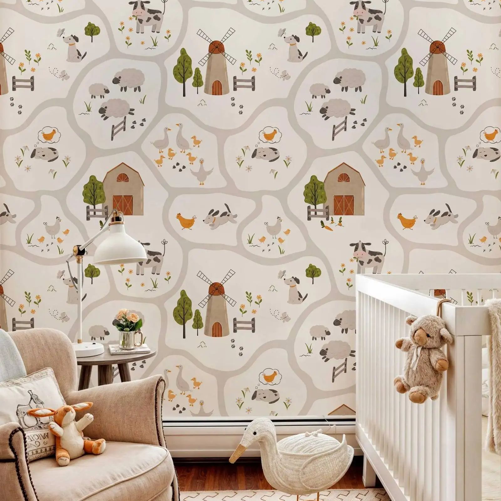 Cute Farm Animals Kids Wallpap - Baby Nursery Water บทวิจารณ์และราคา