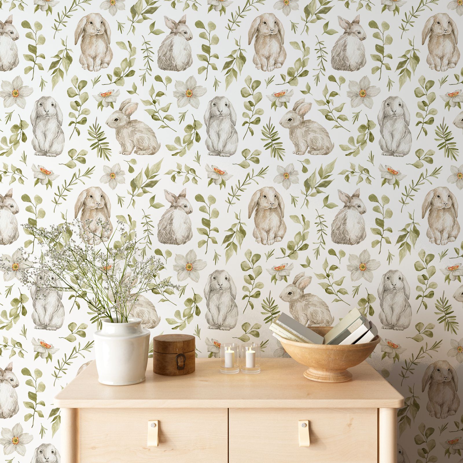 Bunny Wallpaper Kids Room Wall - Baby Nursery Water บทวิจารณ์และราคา