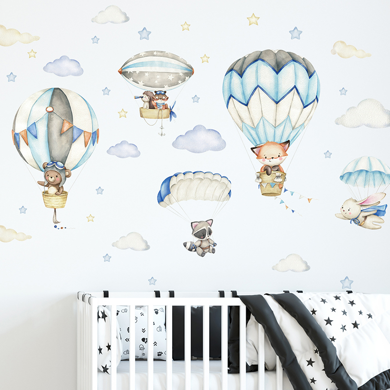 Cartoon Cute Animals Hot Air B - Baby Nursery Decals บทวิจารณ์และราคา