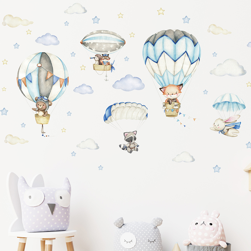 Cartoon Cute Animals Hot Air B - Baby Nursery Decals บทวิจารณ์และราคา