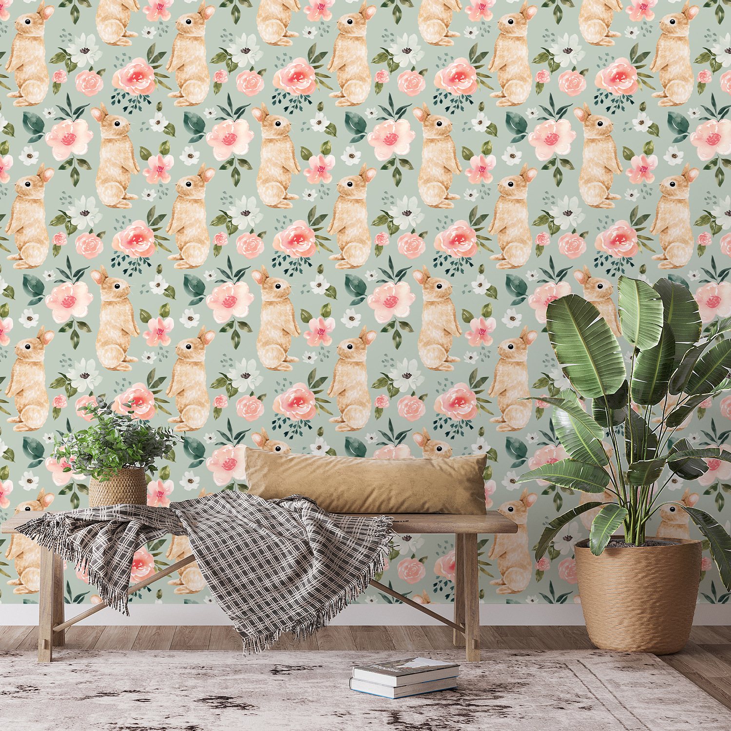 Sage Green Bunny Floral Wallpa - Baby Nursery Water บทวิจารณ์และราคา