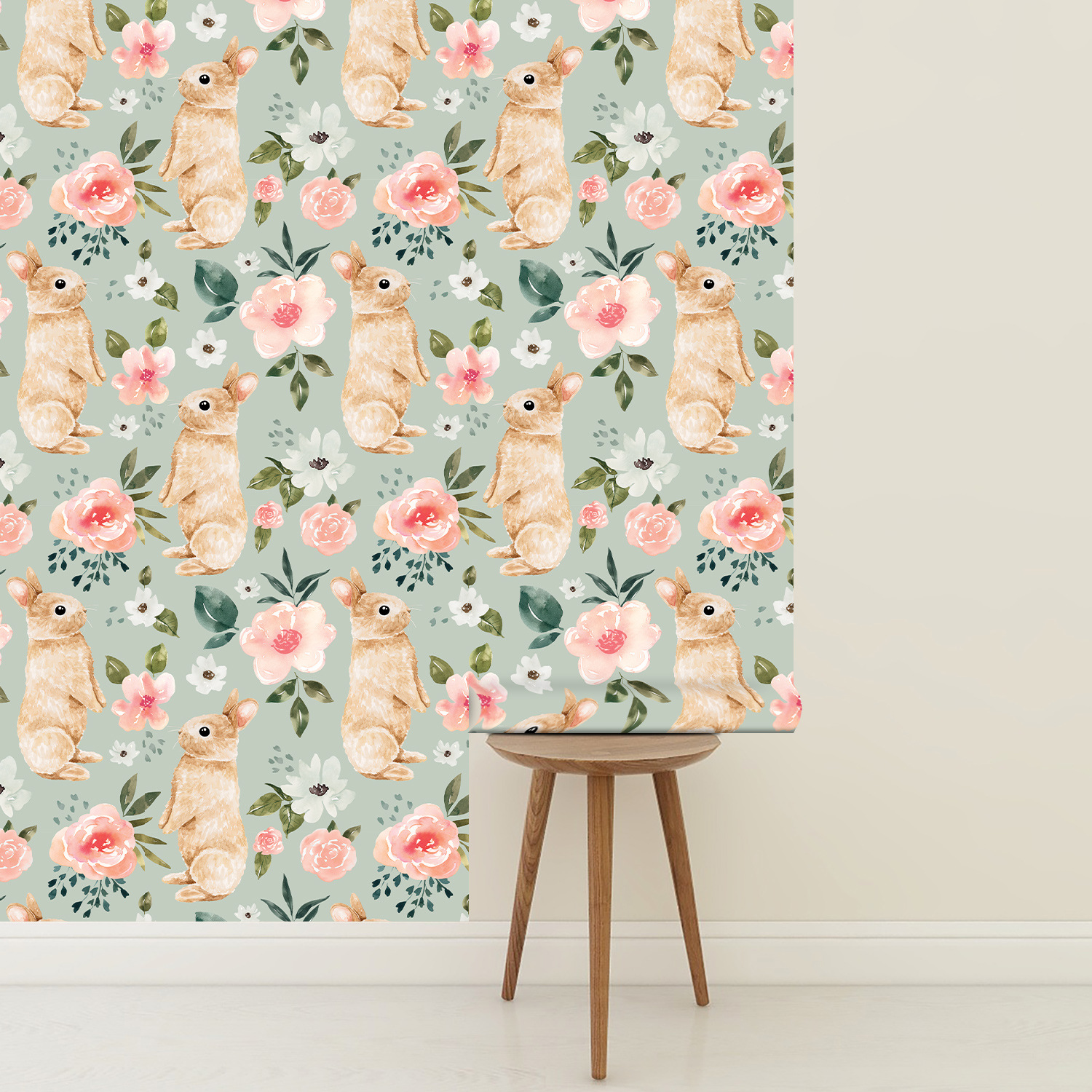Sage Green Bunny Floral Wallpa - Baby Nursery Water บทวิจารณ์และราคา