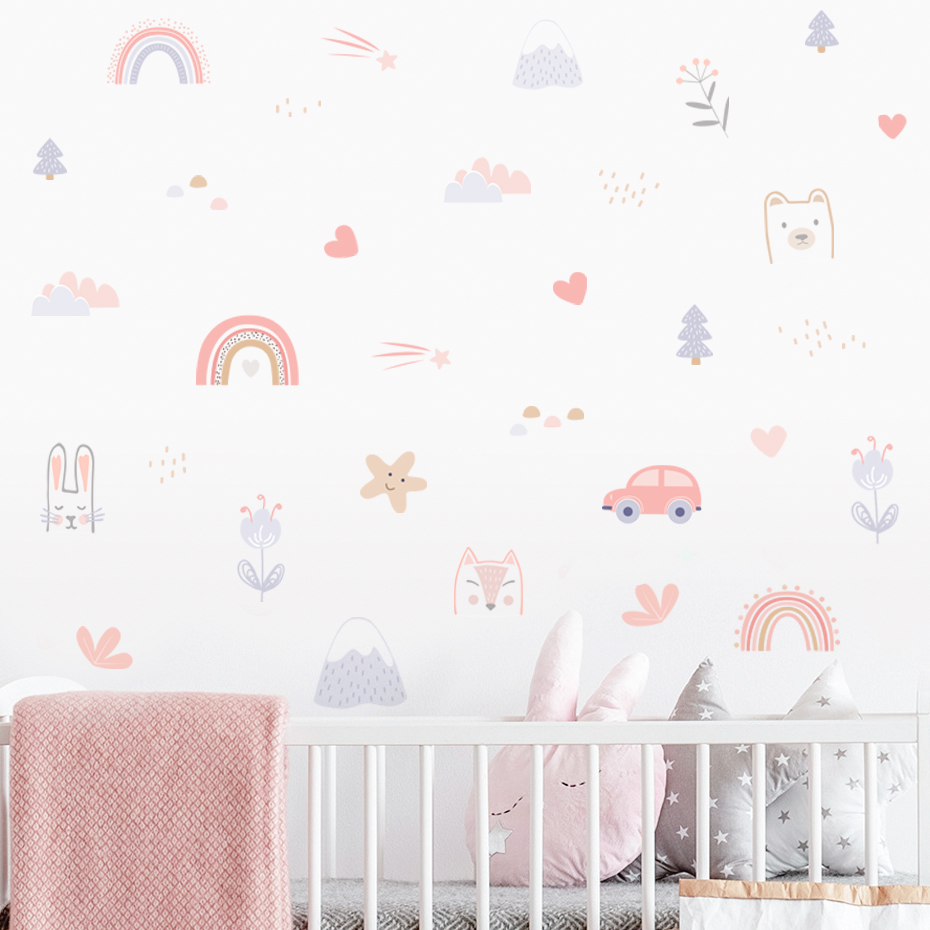 Cartoon Rainbow Animals Faces  - Baby Nursery Wall Decals บทวิจารณ์และราคา